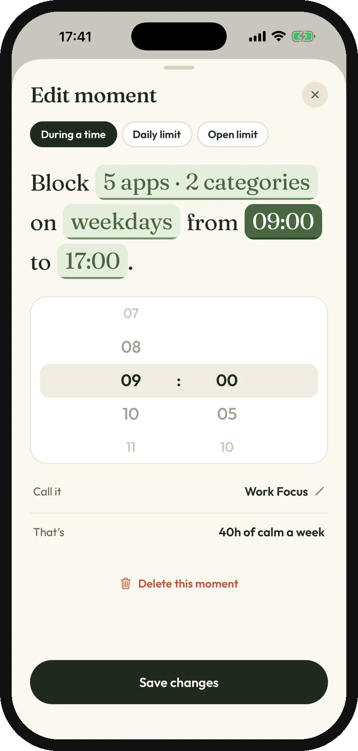 Moment editor that reads as a sentence with apps, days and times