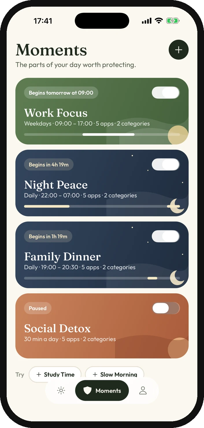 List of Moments with Work Focus, Night Peace, Family Dinner and Social Detox