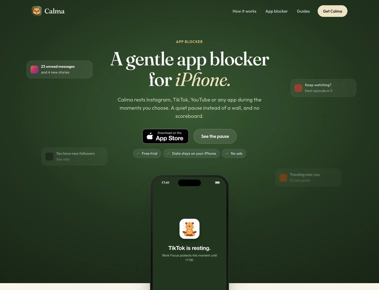 App blocker product page on a forest background