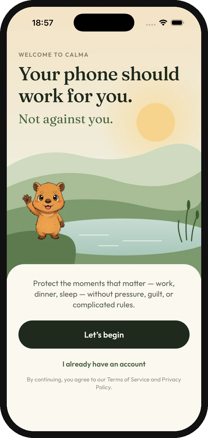 Welcome screen with the capybara by a lake