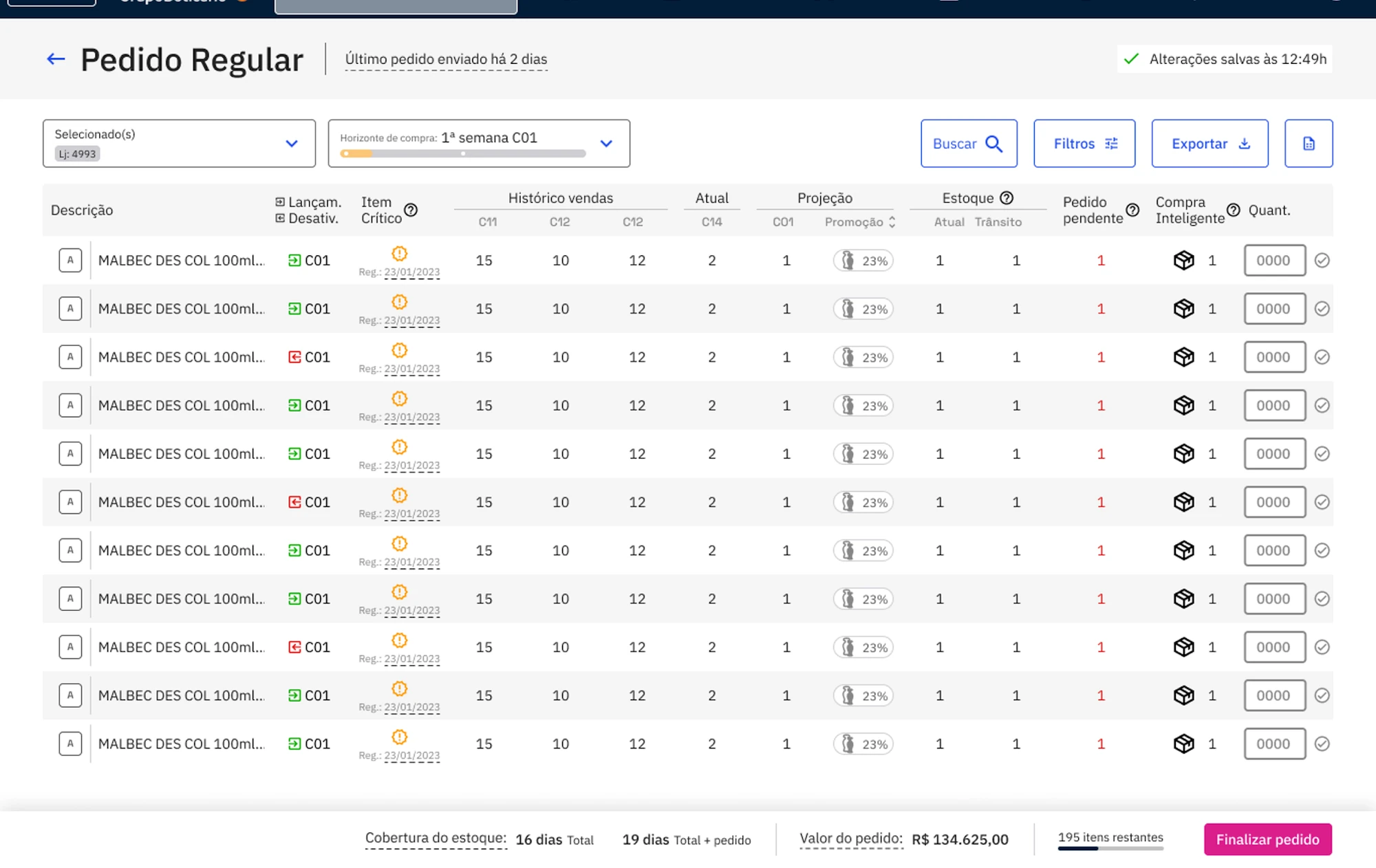 Regular order table with sales history, stock, projection and suggested quantity