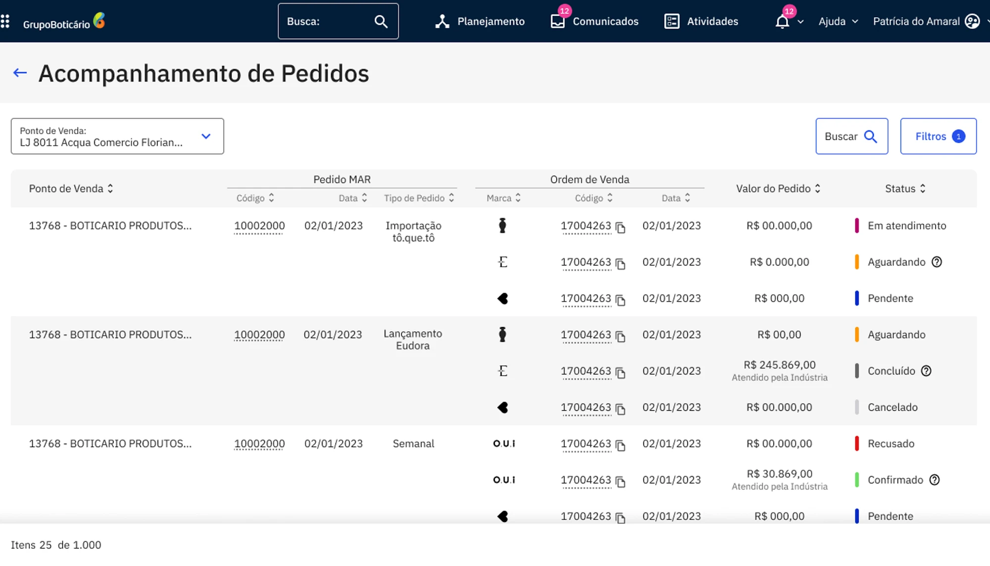 Order tracking list with status for each sales order