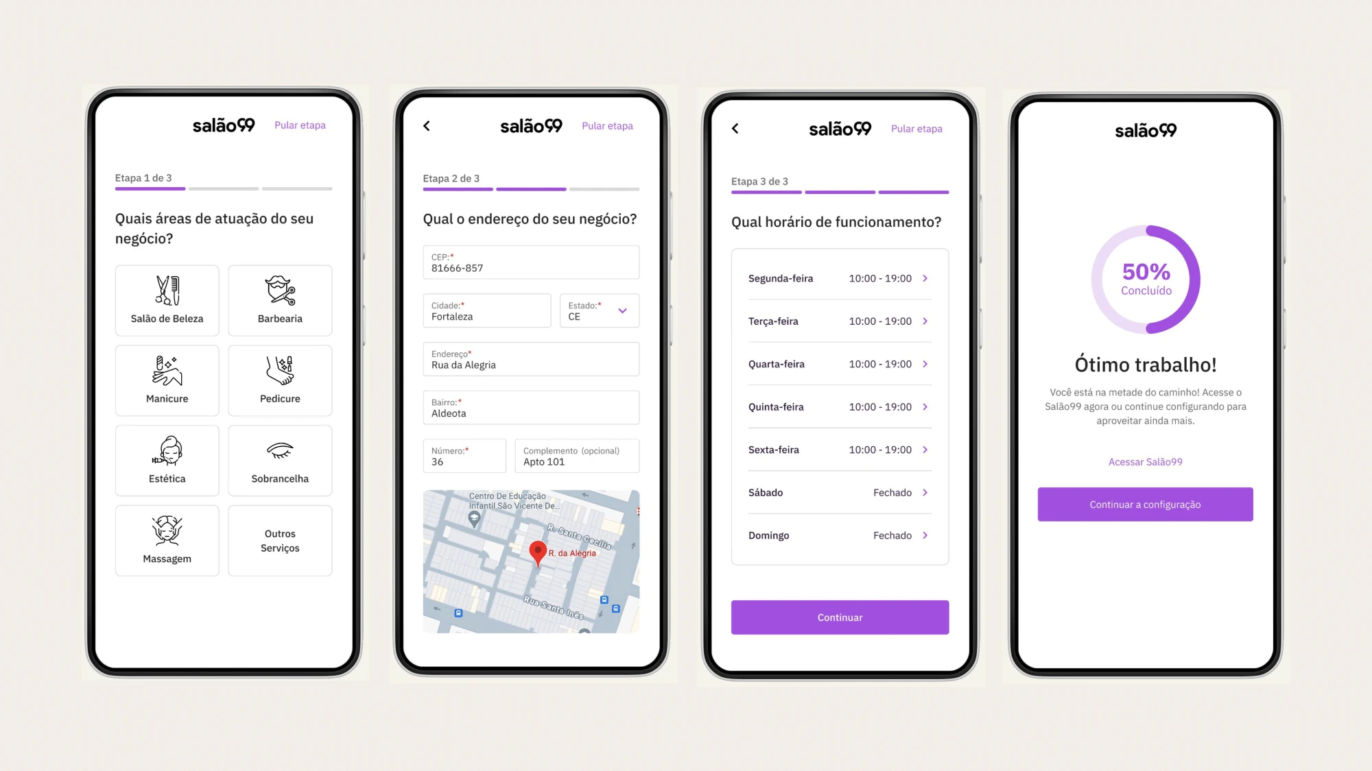 Setup steps for areas of work, address and opening hours, then a 50% progress screen
