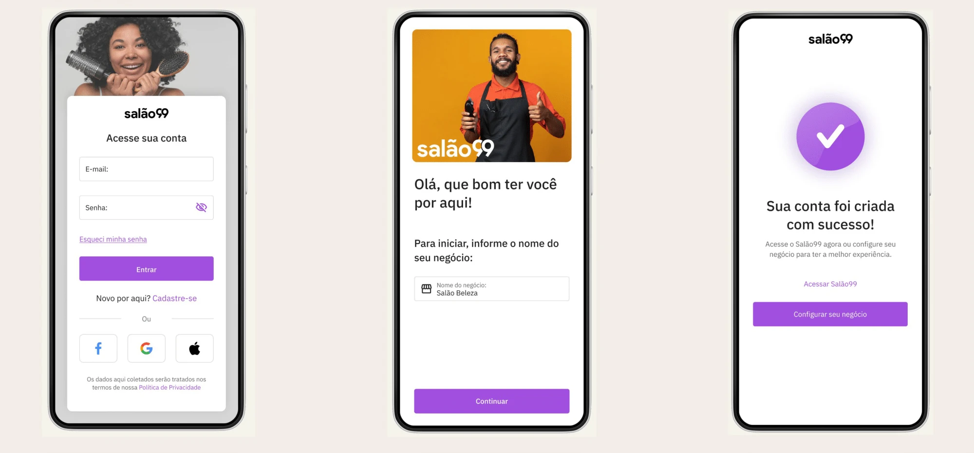 Sign in, the business name step and the account created screen