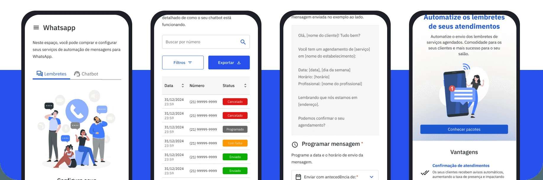 Four phone screens: WhatsApp area, message status list, template editor and the feature page